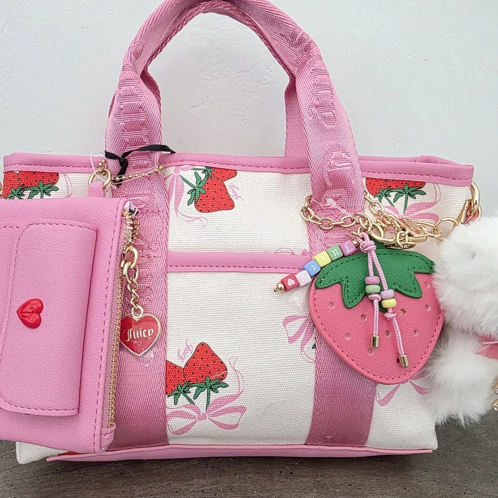 Viral Juicy Couture Strawberry Mini Bag Strawberry Pink Bow Teddy Bear - Picture 2 of 7